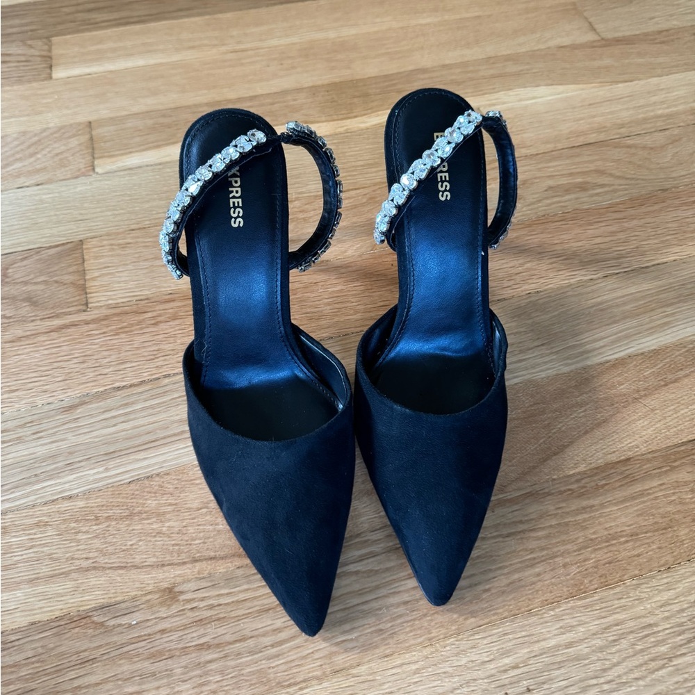 Express Black Suede Pointed Toe Heels with Rhinestone Slingback Strap - Picture 3 of 7